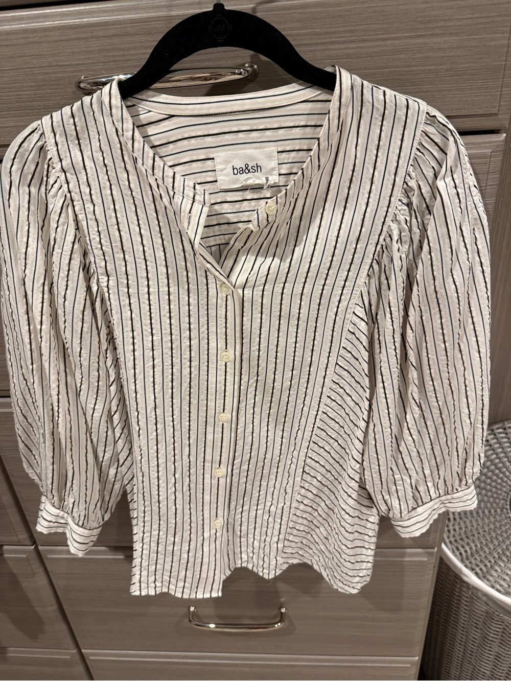 ba&sh Cream and Black Vertical-Strip Puff Sleeve Blouse